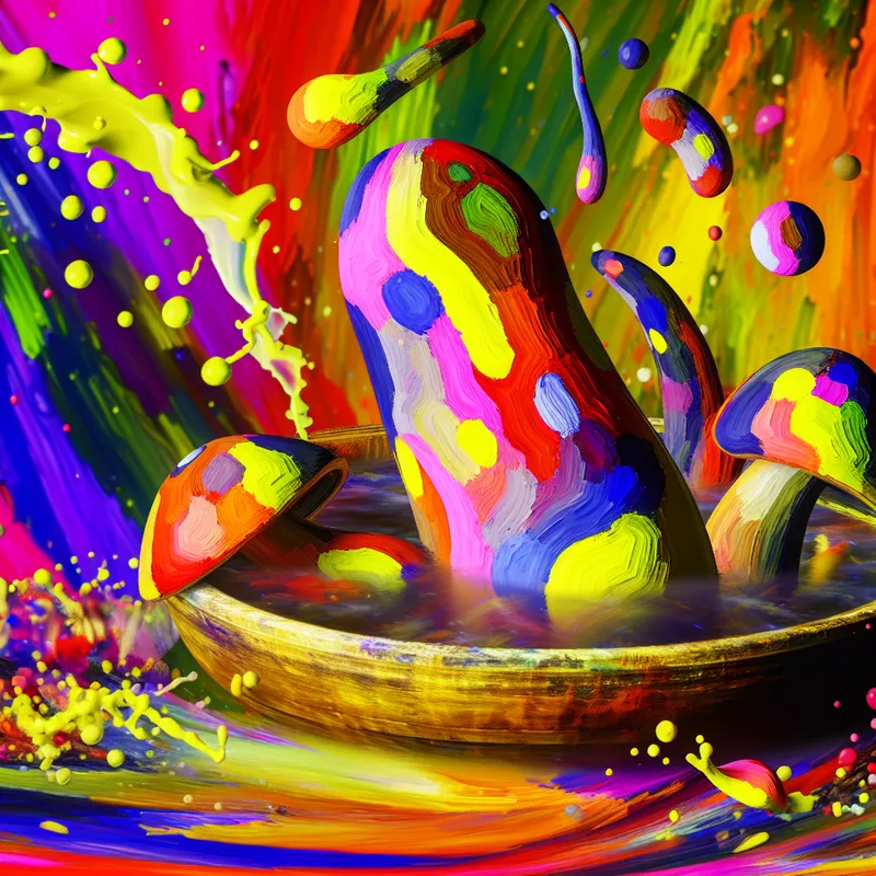 Abstracte scene met kleurrijke paddenstoelen in een kom water, in de stijl van Karel Appel