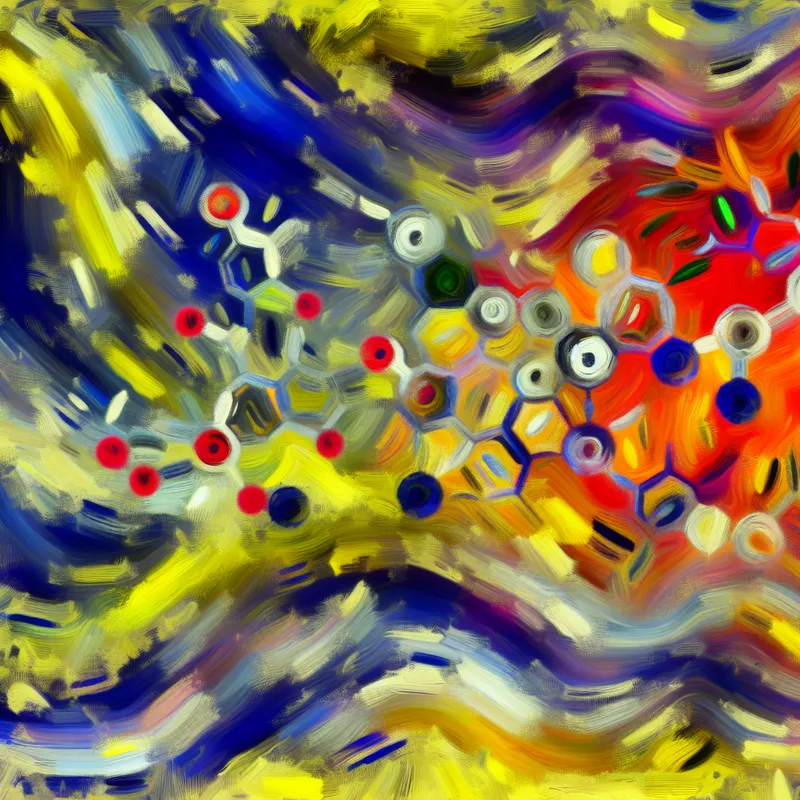 Abstracte voorstelling van het katabolisme met felle kleuren en chaotische vormen die de afbraak van complexe stoffen in energie symboliseren.