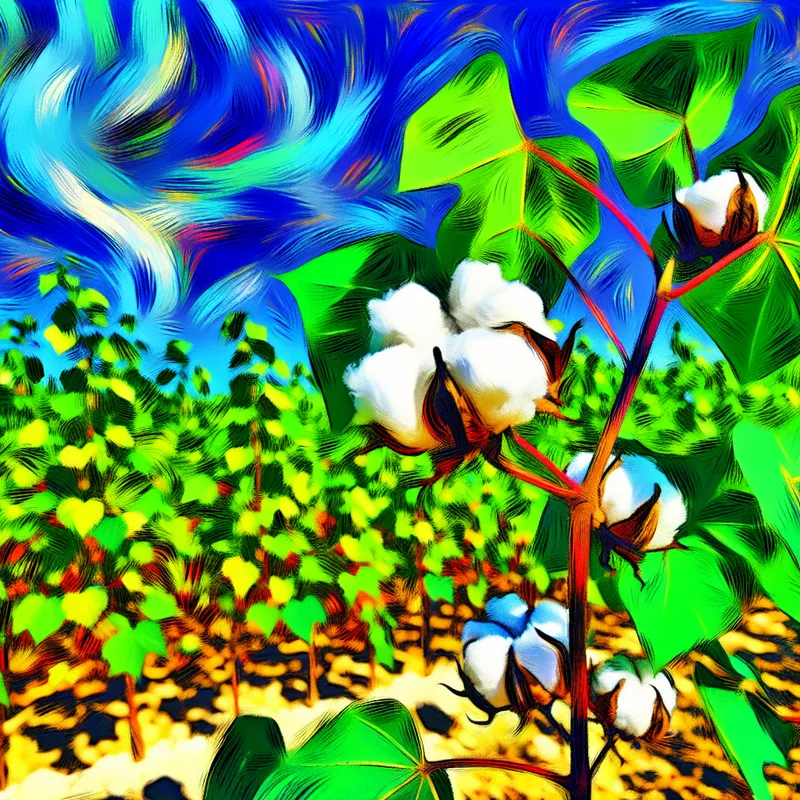 Abstracte illustratie van katoenplanten met felgekleurde bollen onder een blauwe lucht