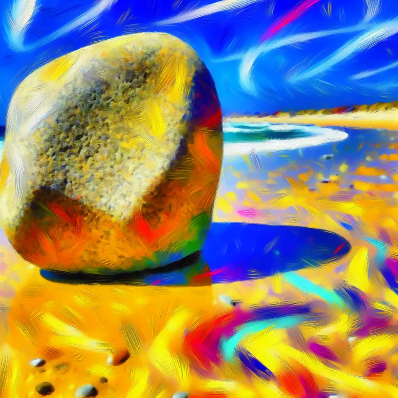 Abstracte en levendige weergave van een grote, ronde kei op een zonnig strand, omgeven door kleurrijke golven en zand.