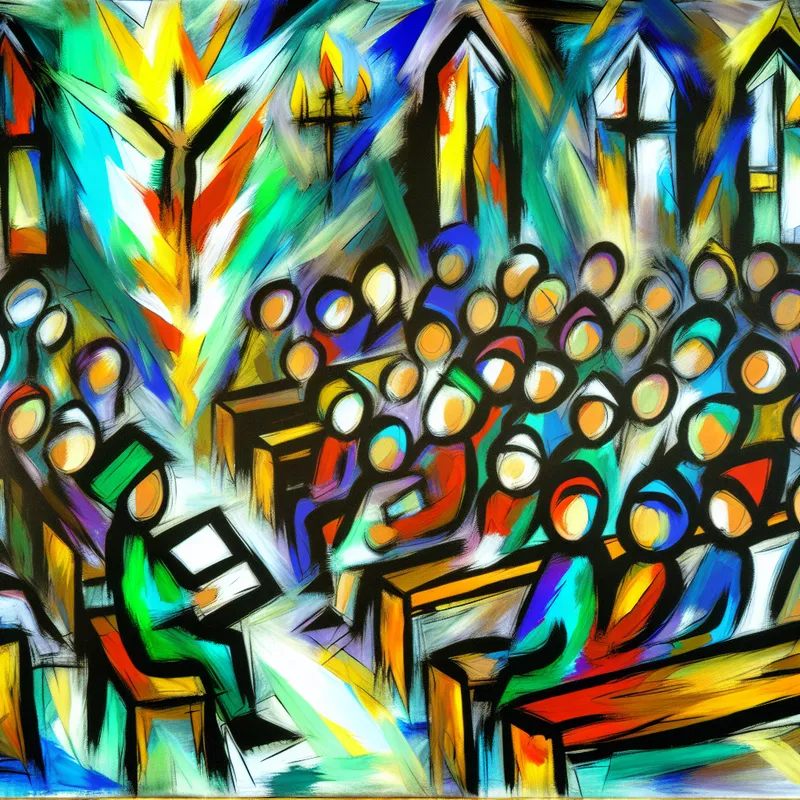 Abstracte schildering van een religieuze bijeenkomst in een kerk met felle kleuren en expressieve penseelstreken, geïnspireerd op Karel Appel