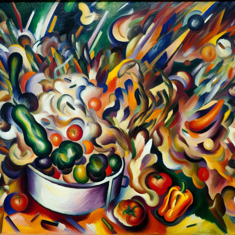 Abstracte schilderij van een chaotische keuken met felle groenten in kinderlijke vormen