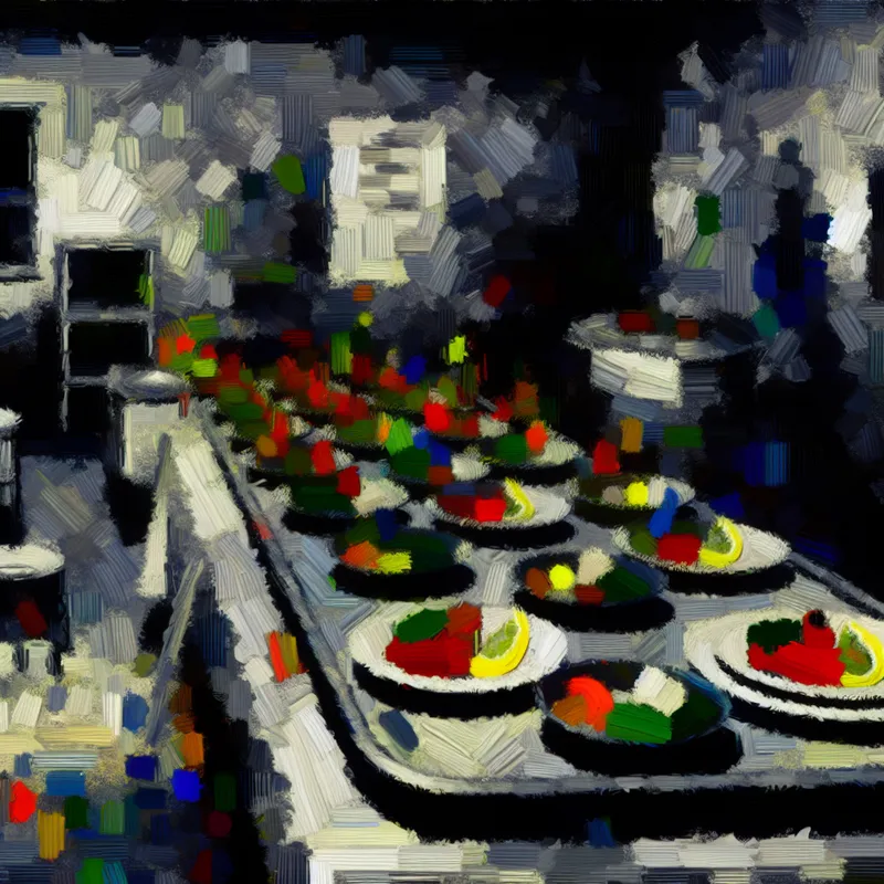 Abstract expressionistische afbeelding van een chaotische keuken met schaarse voedselitems, in de stijl van Willem de Kooning.