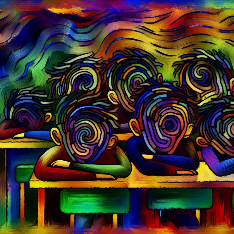 Abstracte voorstelling van een klaslokaal waar leerlingen moe en uitgeput op hun bureaus leunen, omgeven door kleurrijke, uitgeschakelde schermen.