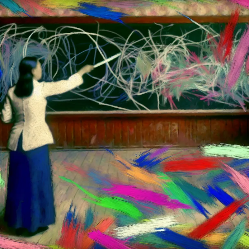 Abstract expressionistisch klaslokaal met een leraar die met krijt op een zwart bord schrijft