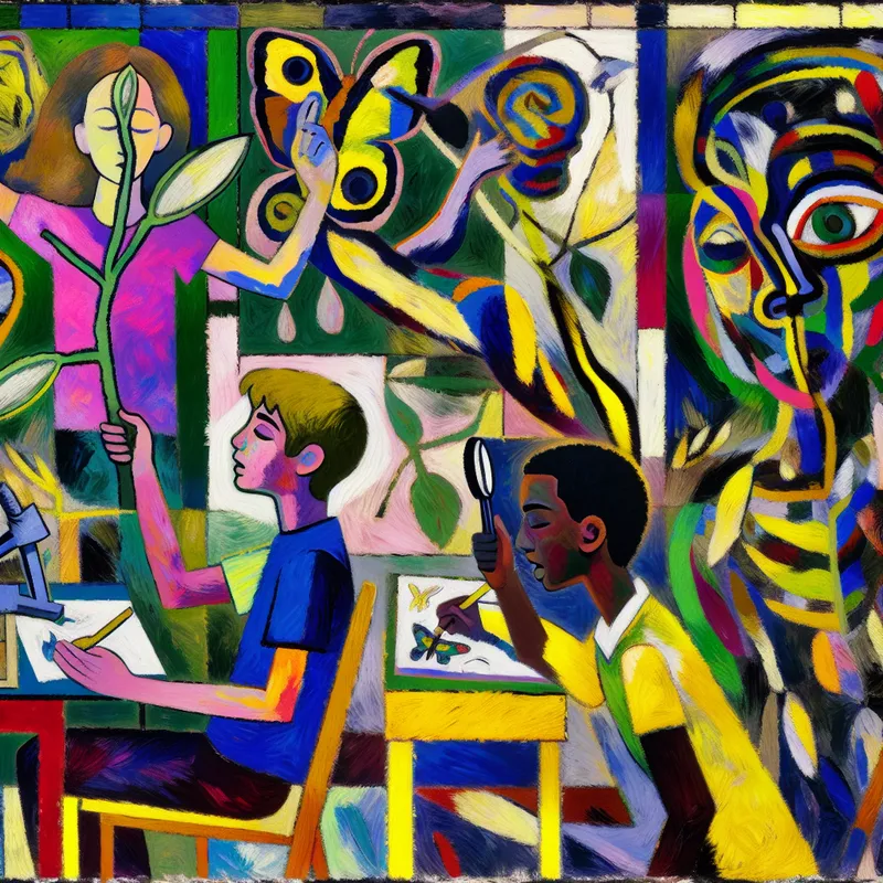 Kleurrijke, abstracte afbeelding van een klaslokaal waar studenten een project over de natuur uitvoeren, met een leerling die door een vergrootglas naar een plant kijkt en een andere die een vlinder aan het schetsen is.