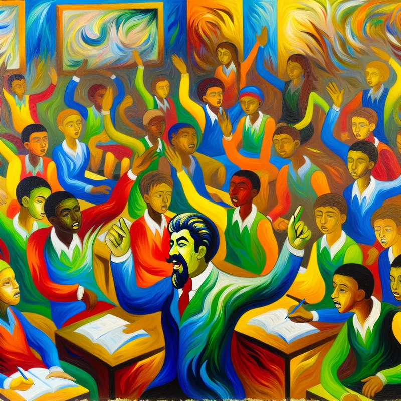 Een levendige abstract-expressionistische schildering van een klaslokaal waarin leerlingen actief regels volgen, met een energieke leraar die instructies geeft.