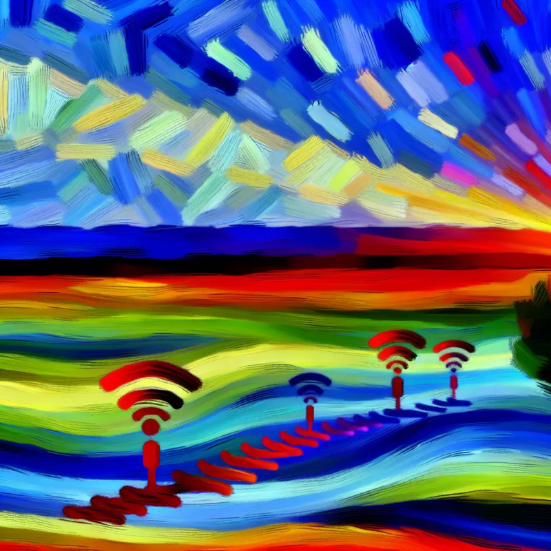 Abstracte afbeelding van kleuren die golfvormige signalen uitstralen over een uitgestrekt landschap met een kleurrijke horizon.