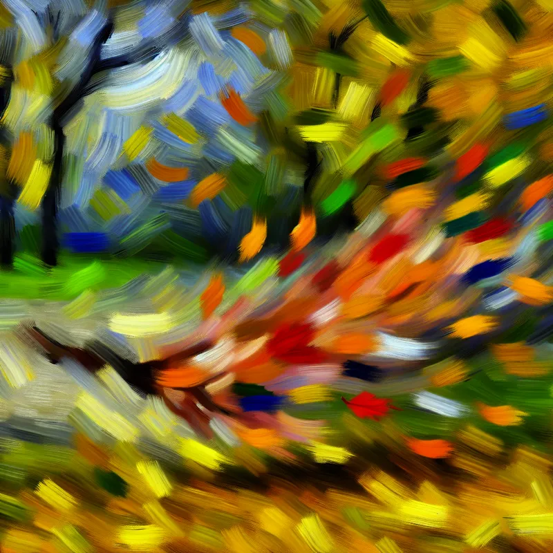 Abstracte uitdrukking van kleurrijke bladeren die door de lucht wervelen in de wind.