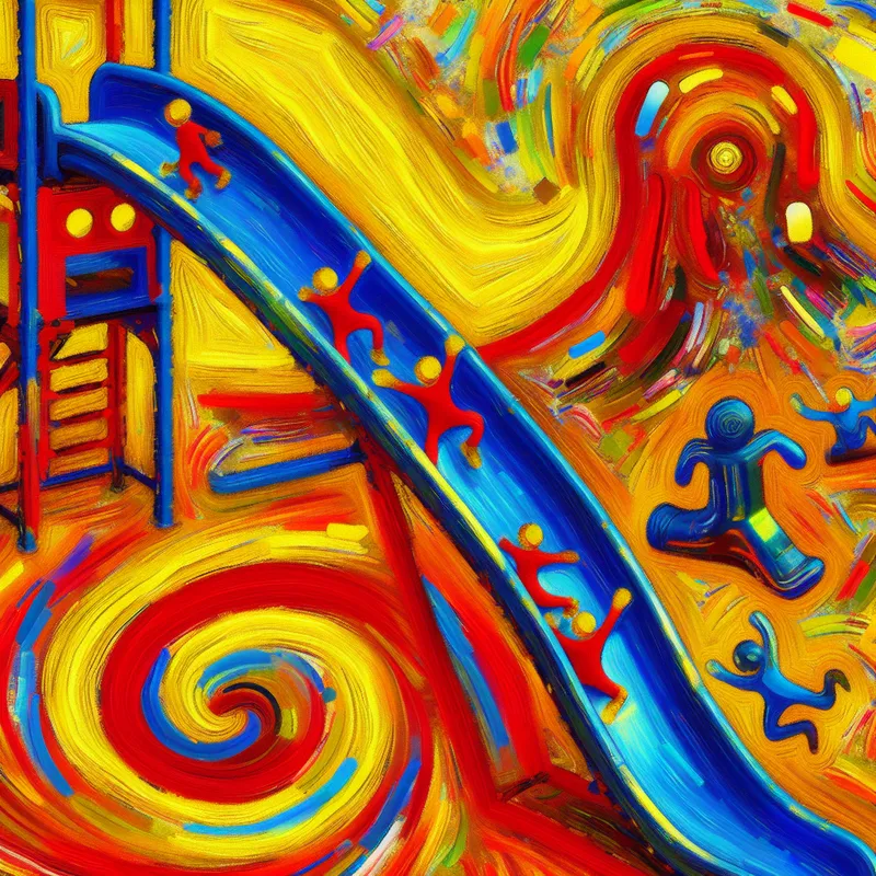 Kleurrijke abstracte glijbaan in speeltuin met vrolijke kinderen, geschilderd in expressieve stijl van Karel Appel