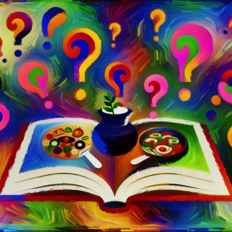 Abstracte compositie van een open boek met kleurrijke restaurantgerechten die uit de pagina's komen, omringd door vraagtekens.