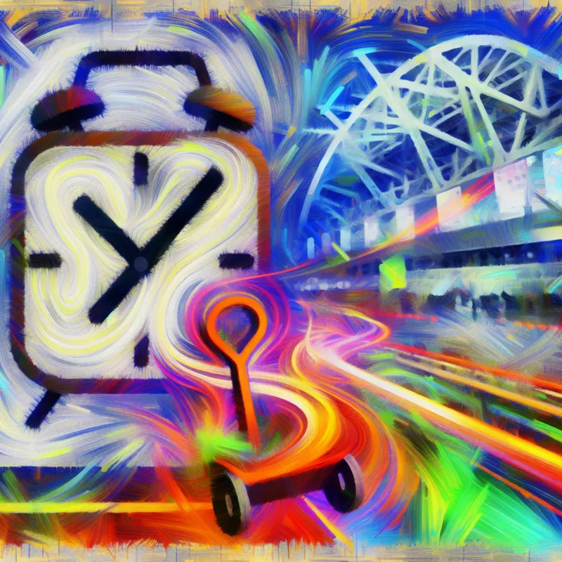 Abstracte expressie van een grote klok die 15:00 uur slaat in een surrealistisch landschap dat het vertrek naar de luchthaven symboliseert.