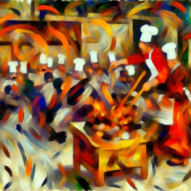 Een abstracte afbeelding met een chaotische keuken en een levendig feest, die het koken en entertainen van een chef illustreert.