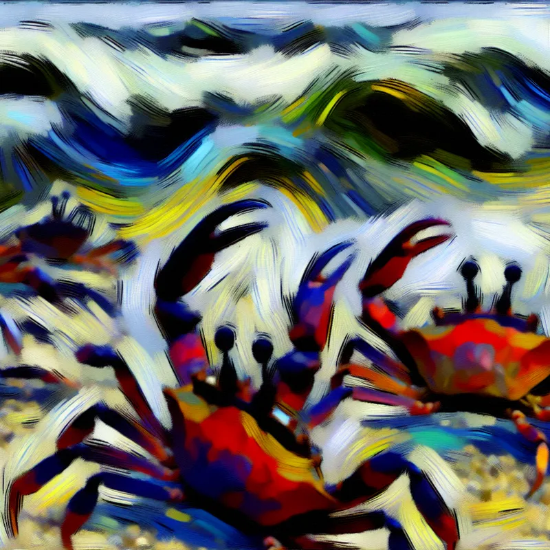 Abstracte interpretatie van krabben die in de zee bewegen met stylized golven en levendige kleuren