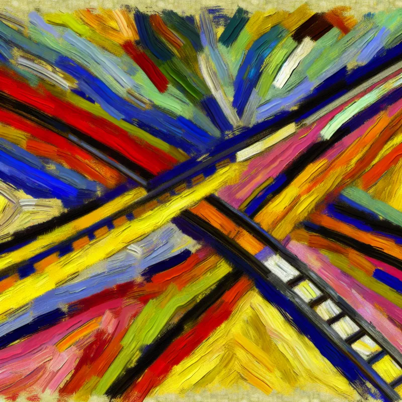 Abstracte voorstelling van twee kleurrijke wegen die elkaar kruisen in expressieve stijl van Karel Appel