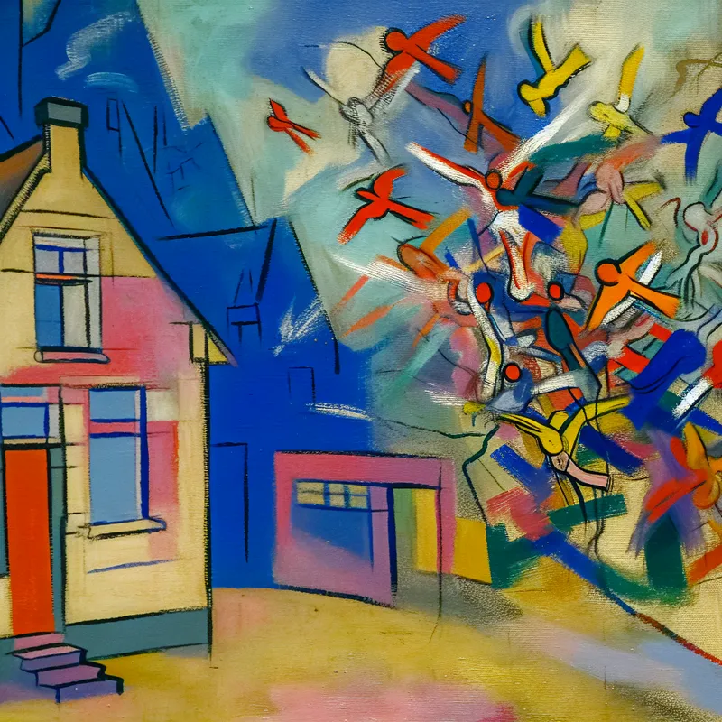 Abstracte voorstelling van afstand met een levendig geschilderd huis en een school in de verte, geïnspireerd door Willem de Kooning. Abstracte vogels vliegen weg van het huis.