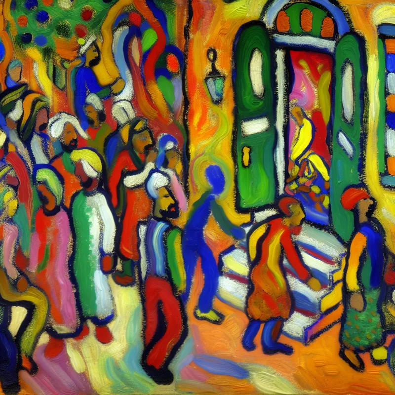 Abstracte scène met mensen die deelnemen aan activiteiten, met een op een kier staande deur als centraal punt