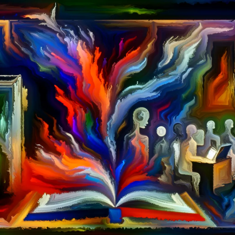 Abstract expressionist kunstwerk van een open boek dat kleurrijke boodschappen uitstraalt, omringd door dynamische penseelstreken en schimmige figuren van schrijver en publiek.