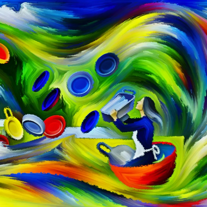 Persoon wast borden in een dynamische, abstracte scène met kleurrijke beweging