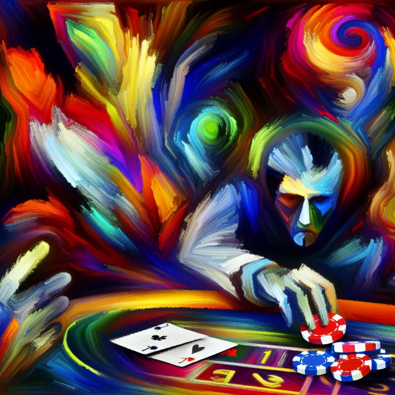 Abstract expressionist kunstwerk van een persoon die nerveus een weddenschap plaatst aan een casinotafel, omringd door kleurrijke elementen die kans en risico symboliseren.