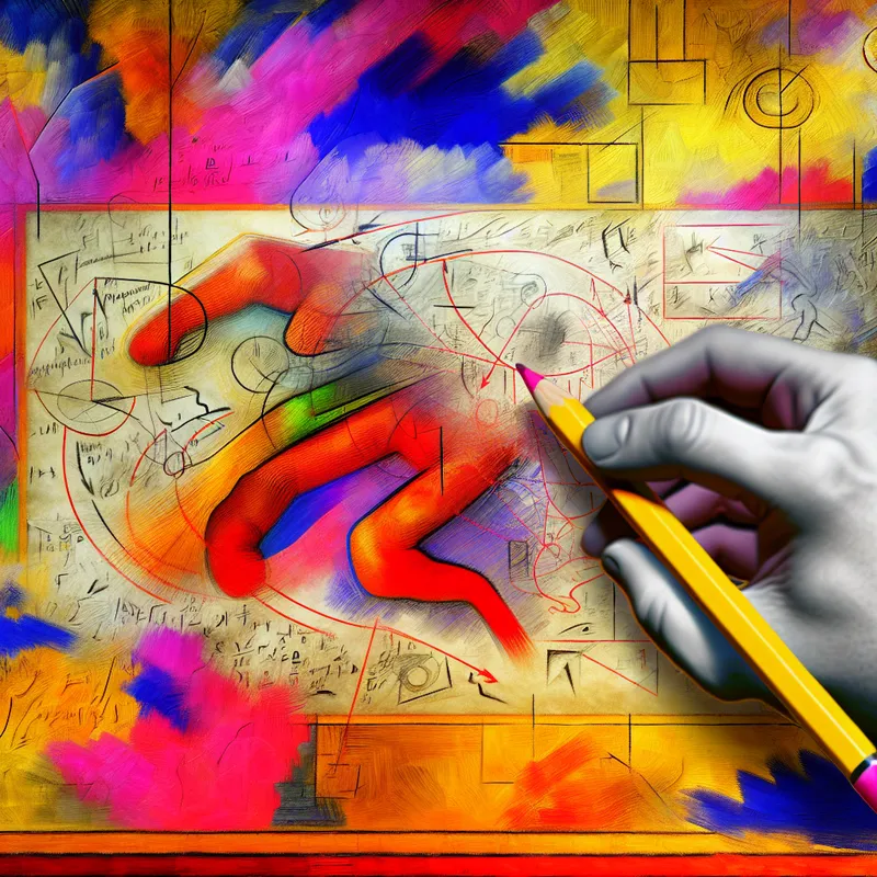 Abstracte afbeelding met een kleurrijk diagram op een wand, gemarkeerd met aantekeningen en tekeningen. Een hand houdt een gele potlood naast een gemaakte fout in het diagram.