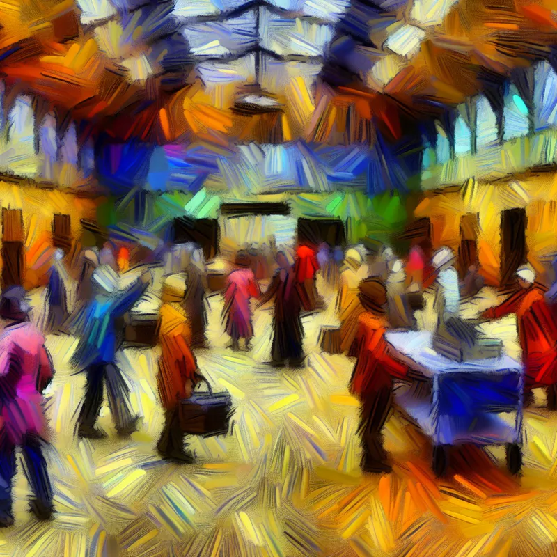 Abstracte uitdrukking van een opvangcentrum voor daklozen, met kleurrijke composities en abstracte vormen die ondersteuning en emotie uitstralen.