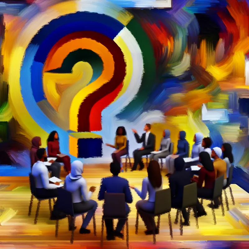 Abstracte samenstelling van diverse mensen rond een kleurrijk vraagteken, geïnspireerd door Willem de Kooning.