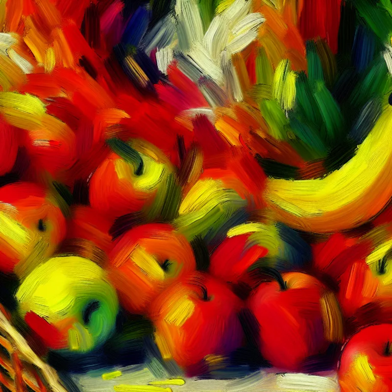 Abstract expressionistisch kunstwerk met een chaotische compositie van kleurrijke vruchten zoals appels, sinaasappels en bananen, weergegeven met krachtige penseelstreken.