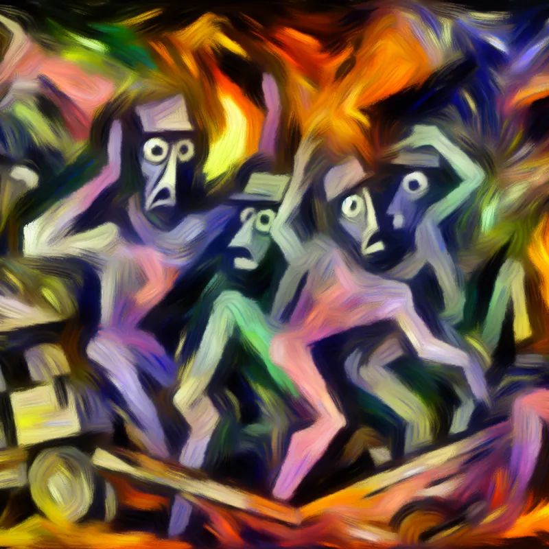 Abstracte kunst met levendige kleuren en heftige penseelstreken die angst en verstarring uitdrukt.