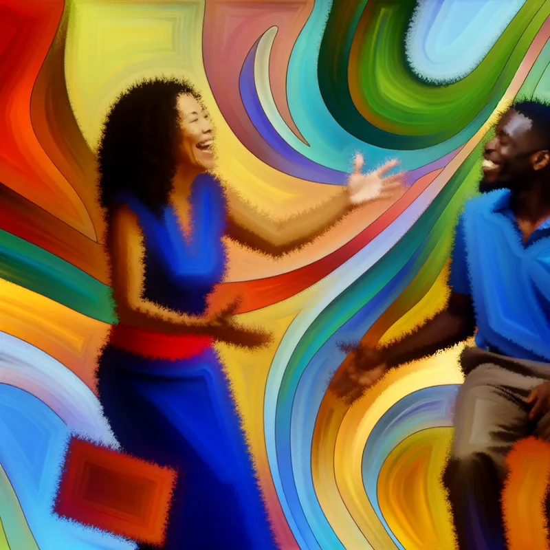 Abstracte en kleurrijke scène geïnspireerd door Karel Appel, waarbij een persoon een andere geruststelt in een vrolijke omgeving.