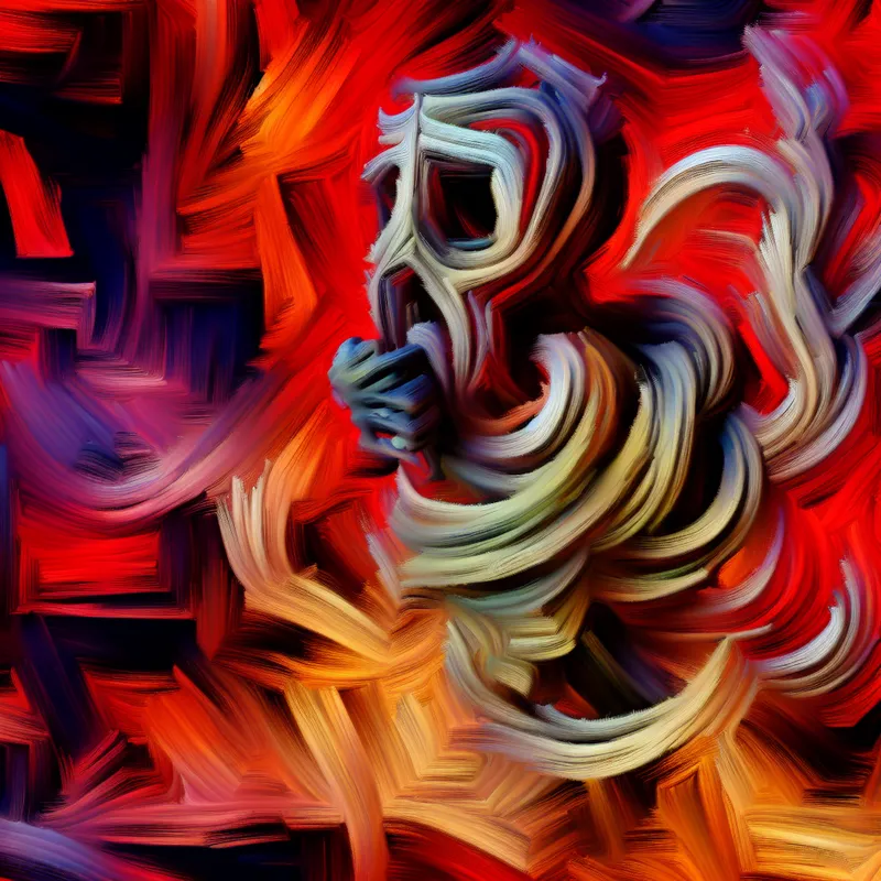 Abstract expressionist kunstwerk met een vervormde figuur die immoreel gedrag en liegen symboliseert, omringd door chaotische vormen in levendige kleuren.