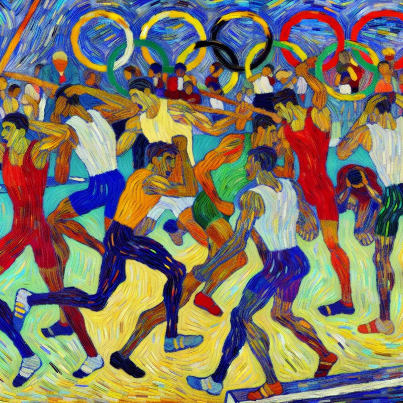 Abstracte weergave van jonge atleten die hard trainen in een chaotische omgeving, met beweging en energie, en hints van Olympische ringen op de achtergrond.