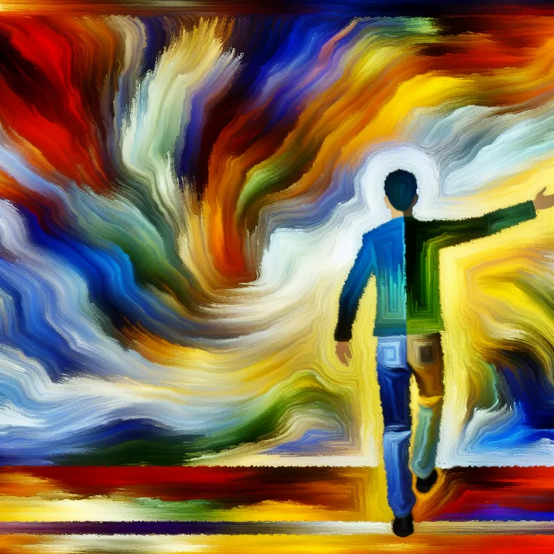 Abstracte weergave van een jonge persoon die vol vertrouwen tegen een dynamische, chaotische achtergrond staat, waardoor de overgang naar volwassenheid wordt gesymboliseerd.