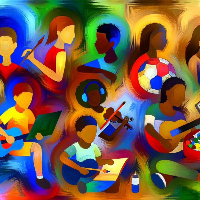 Abstracte voorstelling van diverse kinderen met verschillende interesses en talenten, waaronder schilderen, muziek en sport, weergegeven in levendige kleuren en dynamische vormen.