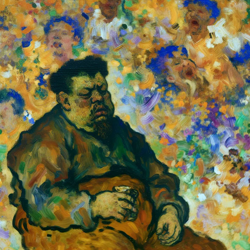 Een abstracte expressieve afbeelding van lethargie met een figuur die op een chaosrijke achtergrond hangt, verwijzend naar mentale en fysieke vermoeidheid.