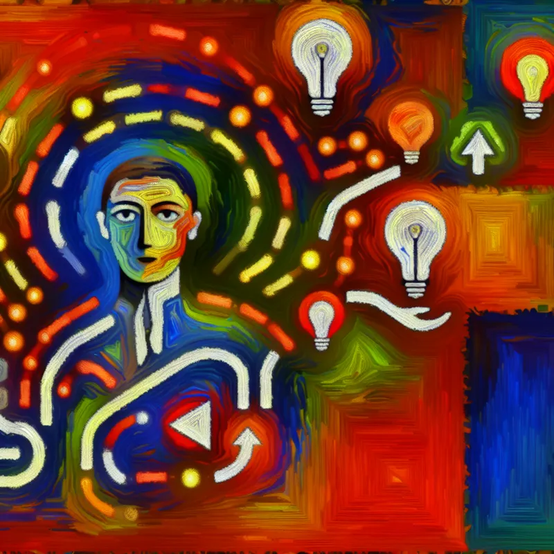 Abstracte compositie met een persoon in een vragende houding, omringd door kleurrijke symbolen van begrip zoals lampen en pijlen.