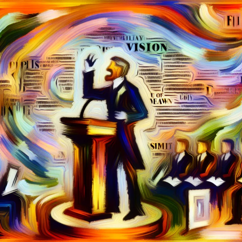 Abstract expressionistische compositie die de LSVb en educatief beleid weerspiegelt met een spreker aan een podium en dynamische kleuren.