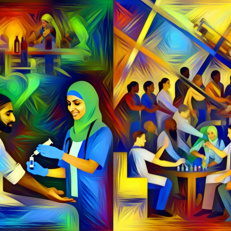 Abstract compositie die een medische omgeving en een bouwplaats juxtapositioneert, met een wetenschapper die medicatie toedient aan een patiënt en bouwers die geavanceerde technieken gebruiken.