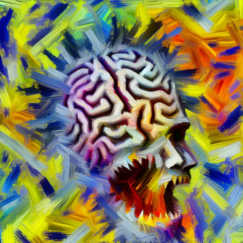 Abstracte representatie van stress met een gebroken brein en chaotische penseelstreken.