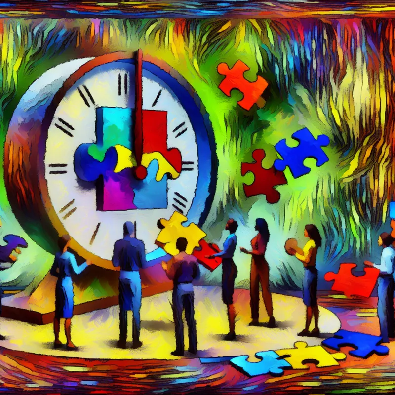 Abstract expressionistisch kunstwerk van mensen rondom een vervormde klok, die puzzelstukken onderzoeken.