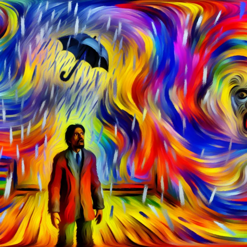 Abstracte afbeelding van een persoon in een regenbui, verwart en doorweekt, zonder parachute.