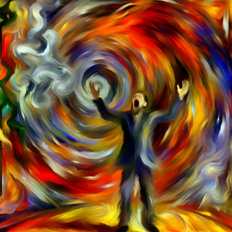 Abstract schreeuwende figuur in het midden met een chaotische achtergrond vol kleur en beweging