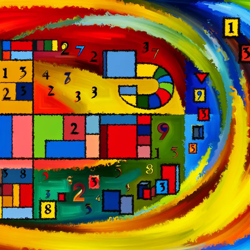 Abstracte compositie in de stijl van Karel Appel, met kleurrijke vormen die de volgorde van taken en processen aangeven met nummers en symbolen.