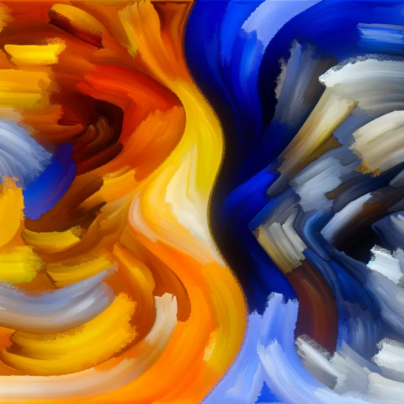 Abstract expressionistische kunst die de tegenstelling tussen warmte en kou toont met warme oranje en gele tinten versus donkere blauwe en ijsachtige witte kleuren