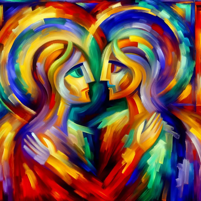Abstracte schilderij van twee figuren die elkaar omarmen, met een achtergrond vol emotionele kleuren.