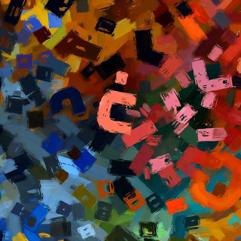 Abstracte compositie die het concept van vereenvoudigen van tekst illustreert met fragmenten van woorden en letters.