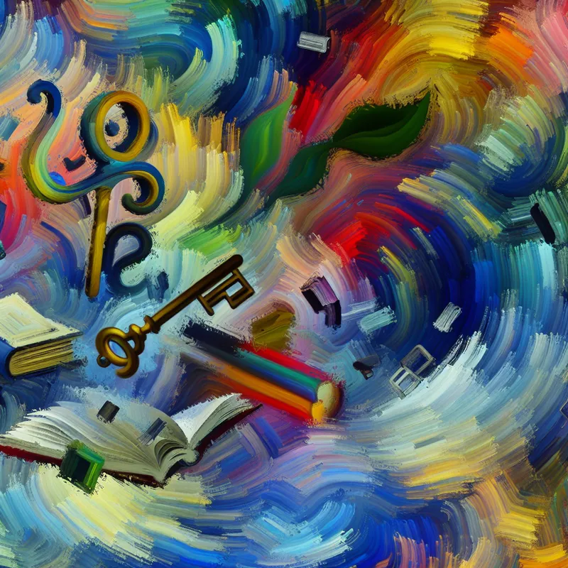 Abstract expressionistische afbeelding van een chaotische atmosfeer met een grote sleutel en een open boek die zweven in een whirlpool van kleurrijke kwaststreken, symboliserend het zoeken naar verloren voorwerpen.