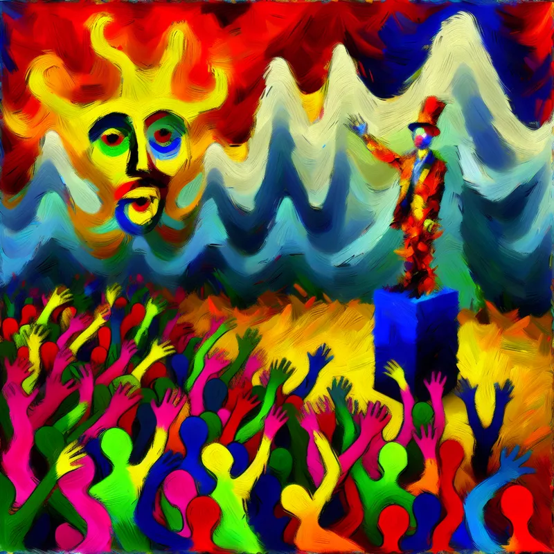 Abstracte weergave van vluchtige roem met kleurrijke figuur op een smeltend pedestal.