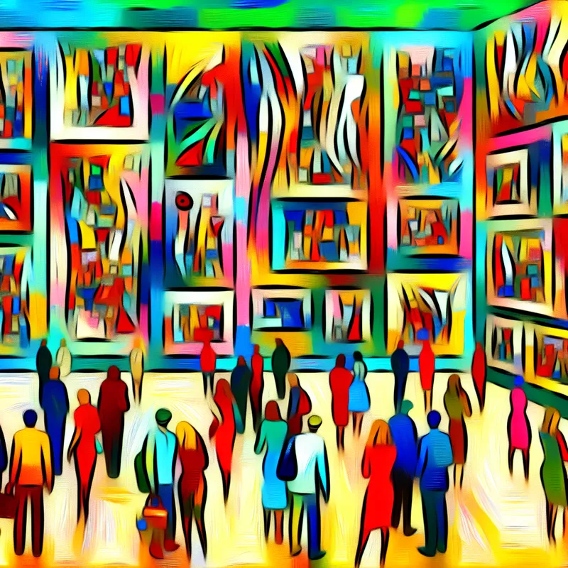 Abstracte kunsttentoonstelling met kleurrijke arrangementen van kunstwerken en bewonderende kijkers.