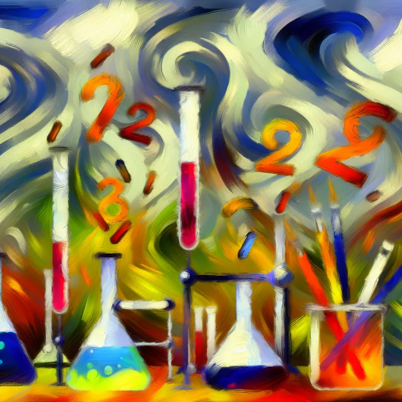 Abstracte interpretatie van een laboratoriumscene met de mole in de scheikunde, met agressieve penseelstreken en labapparatuur.